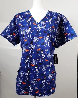 Cassandra O Halloween Skeletons Nurses Scrub Top Size XL Blue V-neck NWT  - Image 1 of 4