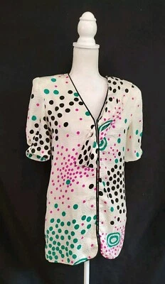 Vintage 80s Shirt Top Ildi Marshall SILK Blouse Polka Dot Padded Shoulder 10 - Image 1 of 4