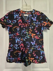 WHITE CROSS Scrub Top size S-Black/Purple/Pink Butterflies-Chest 21"/L 25" - Picture 1 of 5