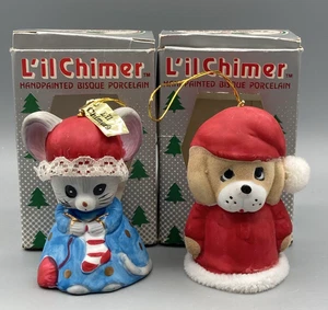 2 adornos navideños vintage Lil Chimer ratón cachorro jasco bisque campana de porcelana - Imagen 1 de 14