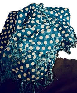 VTG  Blue w/White Polka Dot 40" Square Rayon Thread Fringed Scarf Cotton Blend - Picture 1 of 6