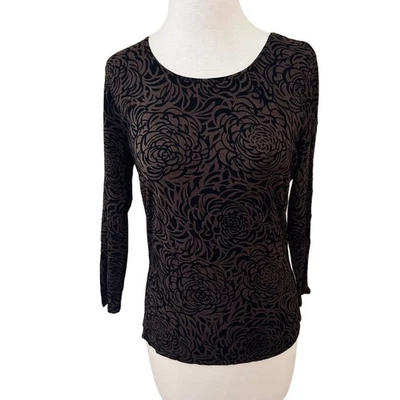 复古 Y2K Ellen Tracy 真丝混纺花卉印花针织上衣棕色黑色小号 — 第 1/4 张图片