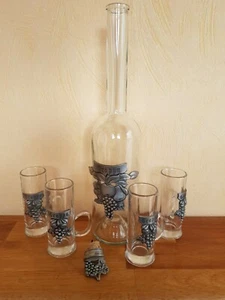 Dekoratives Grappa Set, 4 Pinchen und Flasche mit Deckel und Zinn Verzierungen - Bild 1 von 12
