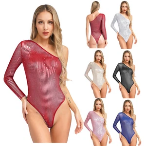 Women Bodysuit One Shoulder Rompers Sparkling Unitard Short Leotard Sexy Party - Picture 1 of 61