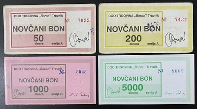 Bosnia, 50, 200, 1000 and 5000 dinara, voucher of company Borac-city of Travnik - Image 1 of 2