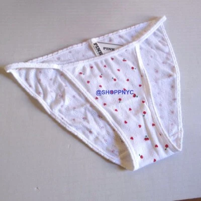 Victoria Secret PINK 100% Cotton String Bikini Panty White Red Cherry Hearts nwt - Image 1 of 4