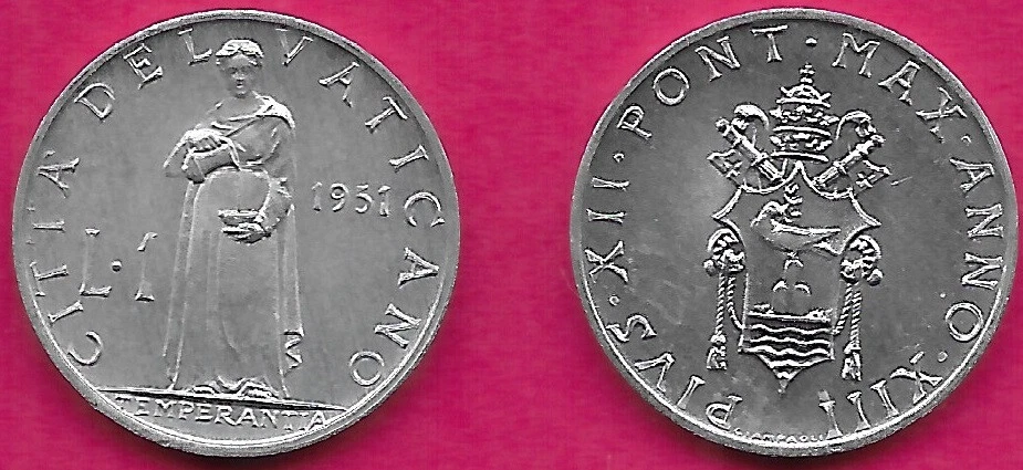 VATICAN CITY 1 LIRA 1951 UNC POPE PIVS XII,TEMPERANCE STANDING POURING LIBATION - Image 1 of 1