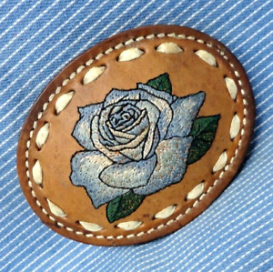 Western Rose Belt Buckle Embroidered Dusty Blue Leather Cowgirl Vtg 80s  .GTA152