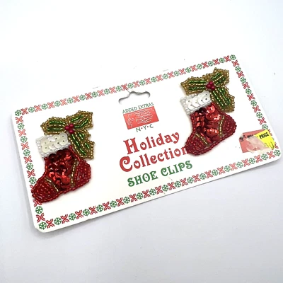 Medias de Navidad de lentejuelas vintage y hojas de acebo clips para zapatos NOS, pegajoso Navidad Foto 1 de 4