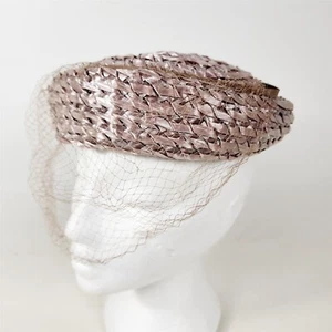 Vintage Mr. Charles Beige Silver Woven Womens Hat w/ Mesh Fishnet Veil - Picture 1 of 8