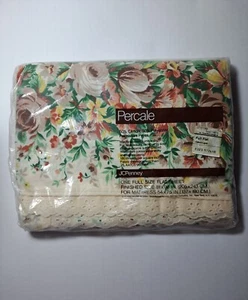 Vintage Percale Full Flat Sheet Calico Lace Trim New Sealed Jc Penny Flowers - Picture 1 of 5