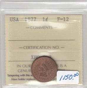 1877 USA One Cent - Indian Head Penny - ICCS F-12 - XHQ 888 - Picture 1 of 3