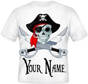 GIRLS BOYS Top Sublimation Personalised Pirate Skull Cross Bones T Shirt Gift! - Picture 1 of 1