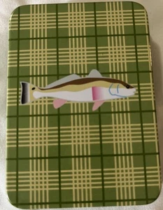 Fish on Green Plaid Background Vintage Playing Cards in Tin Box - NEW ! - Picture 1 of 3