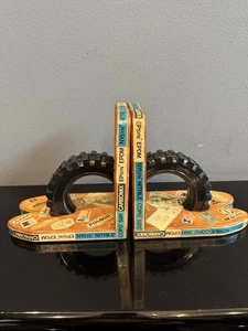 Vintage 1970s Wood Bookends Tire Rubber Racing Theme Unique Retro 70s Home Cozy - Picture 1 of 5