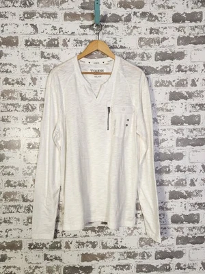 Henley Shirt Mens 2XL White Long Sleeve V Neck Zipper Pocket Street Urban  - Image 1 of 4