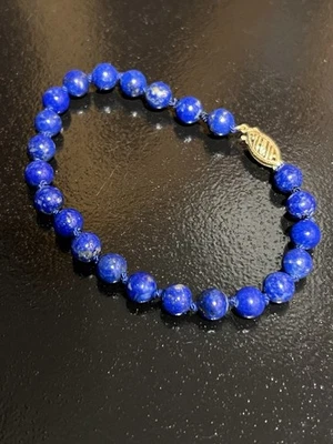 7-1/4” Hand Knotted Natural Lapis Lazuli Bracelet W/14k Gold Clasp - Image 1 of 4
