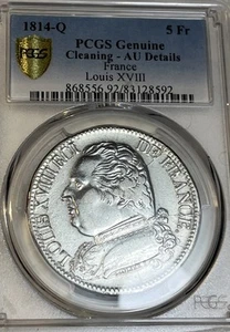 Rare France 1814 -Q Silver Five 5 Francs PCGS Certified AU Details Only 366,865 - Picture 1 of 13