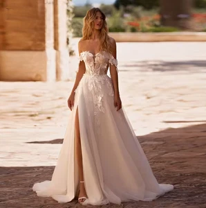 Attractive High Slit Wedding Dresses Off the Shoulder Pleat A-line Lace Applique - Picture 1 of 10