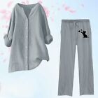 Womens 2 Piece Outfits Wide Leg Blouse Pockets Elastic Pants Sets Casual V Neck