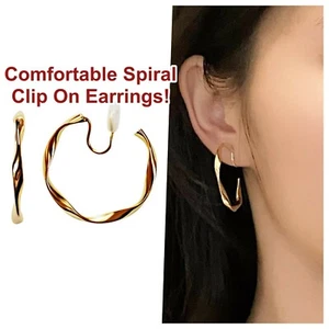 Gold 35mm Twisted Hoop Clip Angle Adjustable Invisible Spiral Clip On Earrings - Picture 1 of 14