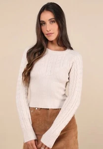 Lulus NWT Cozy Aim Beige Cable Knit Ribbed Sweater Top Crewneck Medium Stretch - Picture 1 of 9