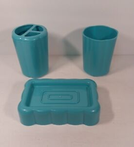 Vtg 1999 3pc Plastic Bathroom Set Blue Soap Dish Tumbler Toothbrush Holder 