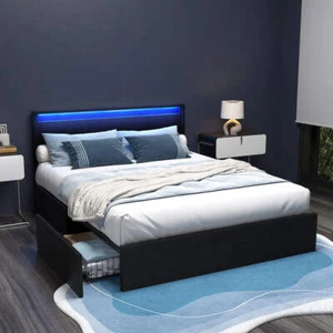 Artiss Bed Frame Queen Size LED with 4 Drawers Black DUNN - Picture 1 of 7