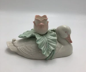 Vintage 1985 Fitz & Floyd White Duck W/ Pink Tulip/Rose Candlestick Holder - Picture 1 of 9