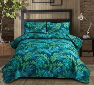 Set Copriletto Stampa Foglie di Palma Verde Tropicale - King Size Luce Reversibile... - Foto 1 di 7
