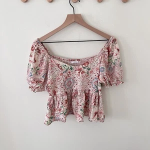 O’Neill Pink Floral Print Puff Sleeve Ruffle Bottom Crop Large - Picture 1 of 5