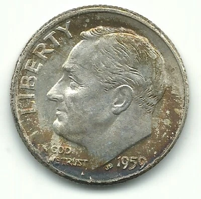 HIGH GRADE AU/UNC 1959 D ROOSEVELT SILVER DIME-NICE TONING-JUN261 - Image 1 of 2