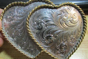 VTG MONTANA SILVER SMITH STERLING SILVER PLATE DOUBLE HEARTS BELTBUCKLE 3 1/2" W - Picture 1 of 5
