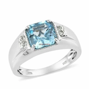 Natural Blue Topaz With 14K White Gold Plated Silver Ring for Men's AJ350 - Picture 1 of 12