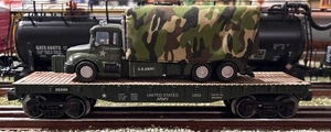 MENARDS~O GAUGE~U.S. ARMY FLATCAR W/ ARMY TRUCK Compatible W/Lionel & MTH! - Picture 1 of 4