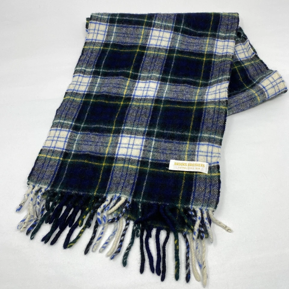 Brooks Brothers 羊毛围巾海军蓝绿色格子 50 英寸 x 10 英寸无孔或障碍状况良好 — 第 1/4 张图片