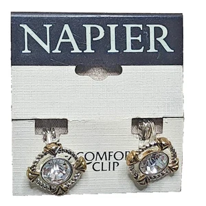 NAPIER Vintage SILVERTONE CLIP-ON EARRINGS WITH LARGE CLEAR CRYSTAL CENTER - Picture 1 of 5