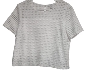 Bar III Women's White Short sleeves Cotton Eyelet Blouse Button back Size L - Picture 1 of 13