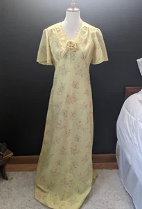 Vintage handgefertigtes Maxikleid gelb Blumen Flatterärmel Rosette 1930er Stil Größe 10 - Bild 1 von 11