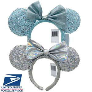 2X Disney Parks Frozen Aqua Blue + Cinderella Mirror Silver Minnie Ears Headband - Picture 1 of 23