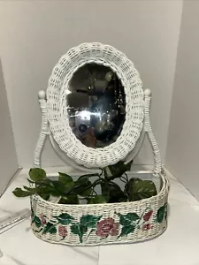 Vtg. Oval Country White Wicker Trim Vanity Chic Mirror With Painted Shelf MCM - Picture 1 of 6