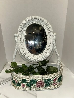 Vtg. Oval Country White Wicker  Trim Vanity Chic Mirror With Painted Shelf MCM - Image 1 of 4