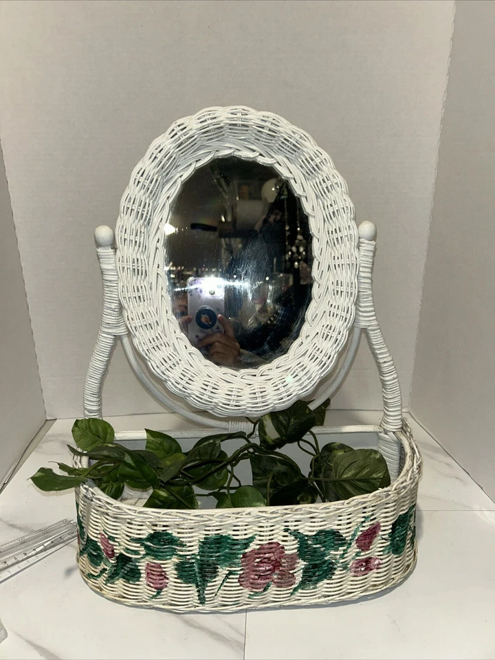 Vtg. Oval Country White Wicker  Trim Vanity Chic Mirror With Painted Shelf MCM - Image 1 of 4