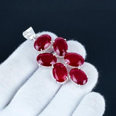 Red Ruby Lab- Made Gemstone Handmade 925 Sterling Silver Ethnic Pendant For Gift - Image 1 of 4