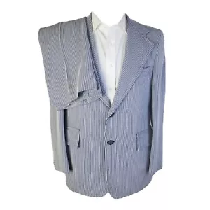 Vintage Blue White Nautical Stretch Polyester 2 Btn 2 Piece Suit Mens 40R 32x28 - Picture 1 of 11