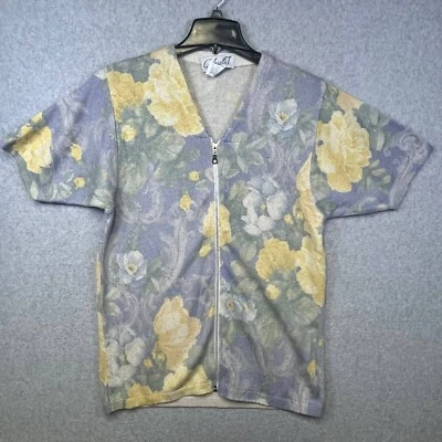 Gabriella T Women’s Medium Floral Multicolor Short Sleeve Zip Front Cardigan Top - Image 1 of 4