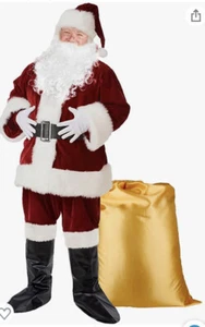 NEW-Christmas Adult Santa Claus Costume Suit Velvet- 9 Pcs Size L/XL- Bright Red - Picture 1 of 8
