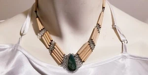Boho Bamboo Choker Necklace Natural Stone Peruvian Necklace 15" - Picture 1 of 9