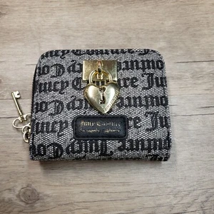 Juicy Couture Small Zip Snap Wallet Black Logo Print Gold Key Heart Lock 4.5" - Picture 1 of 8