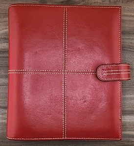 Raccoglitore a scatto Franklin Covey classico vera pelle rossa sette anelli + pagine mai usate - Foto 1 di 8